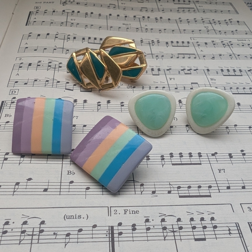 Colorful Vintage Earrings Set 3 80s Retro Earrings Clip Ons